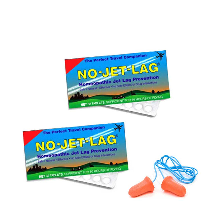 Two pack box of no jetlag pills with travel foam orange ear plugs