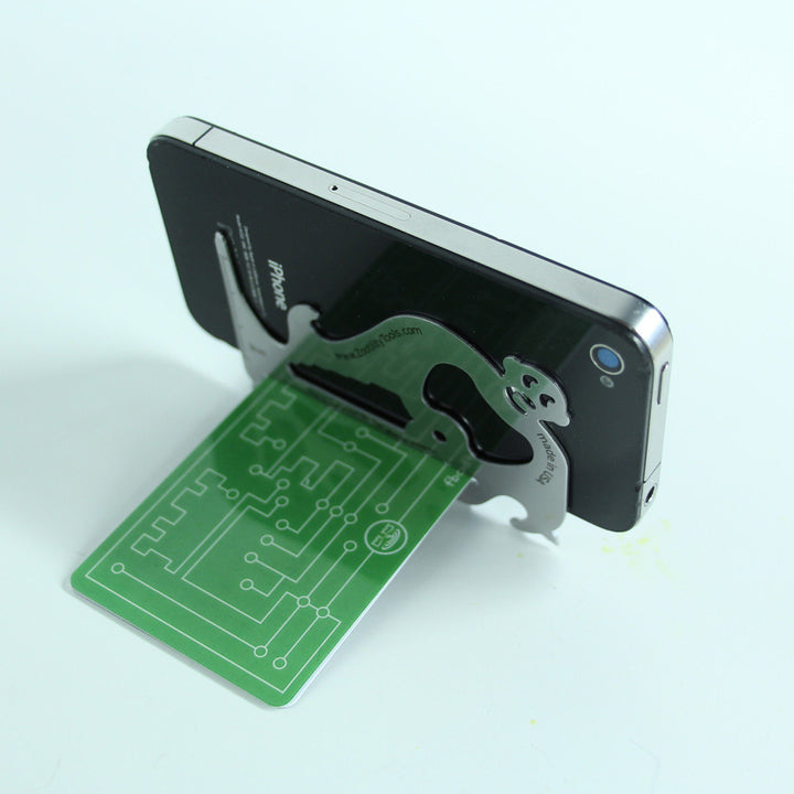 PocketMonkey travel multitool used as a cell phone stand