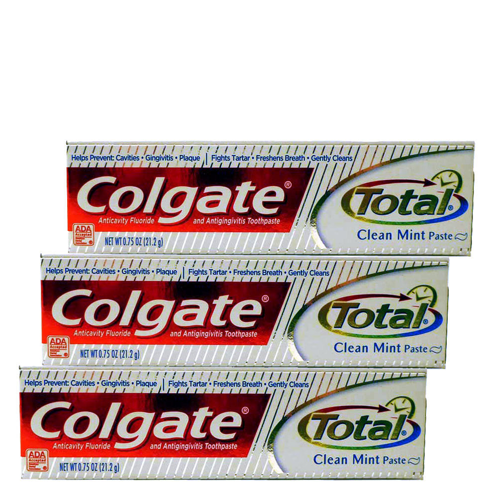 Three packs of travel size Colgate Total toothpaste